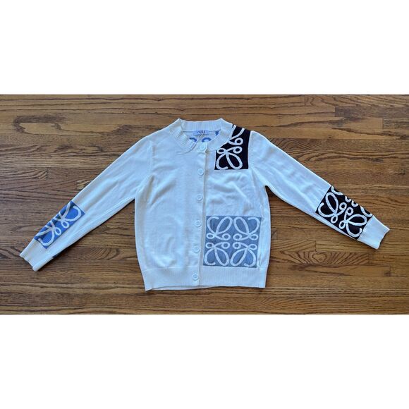 NWOT  LOEWE White Blue Logo Graphic Button Up Cardigan Top  Women's Size Large - Picture 2 of 9